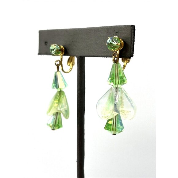 Vintage Uranium Glass Earrings Green Glowy Dangle Clip-on Earrings - Picture 6 of 9